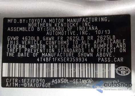2014 Toyota Camry Le from USA, damaged, VIN 4T4BF1FK5ER359934
